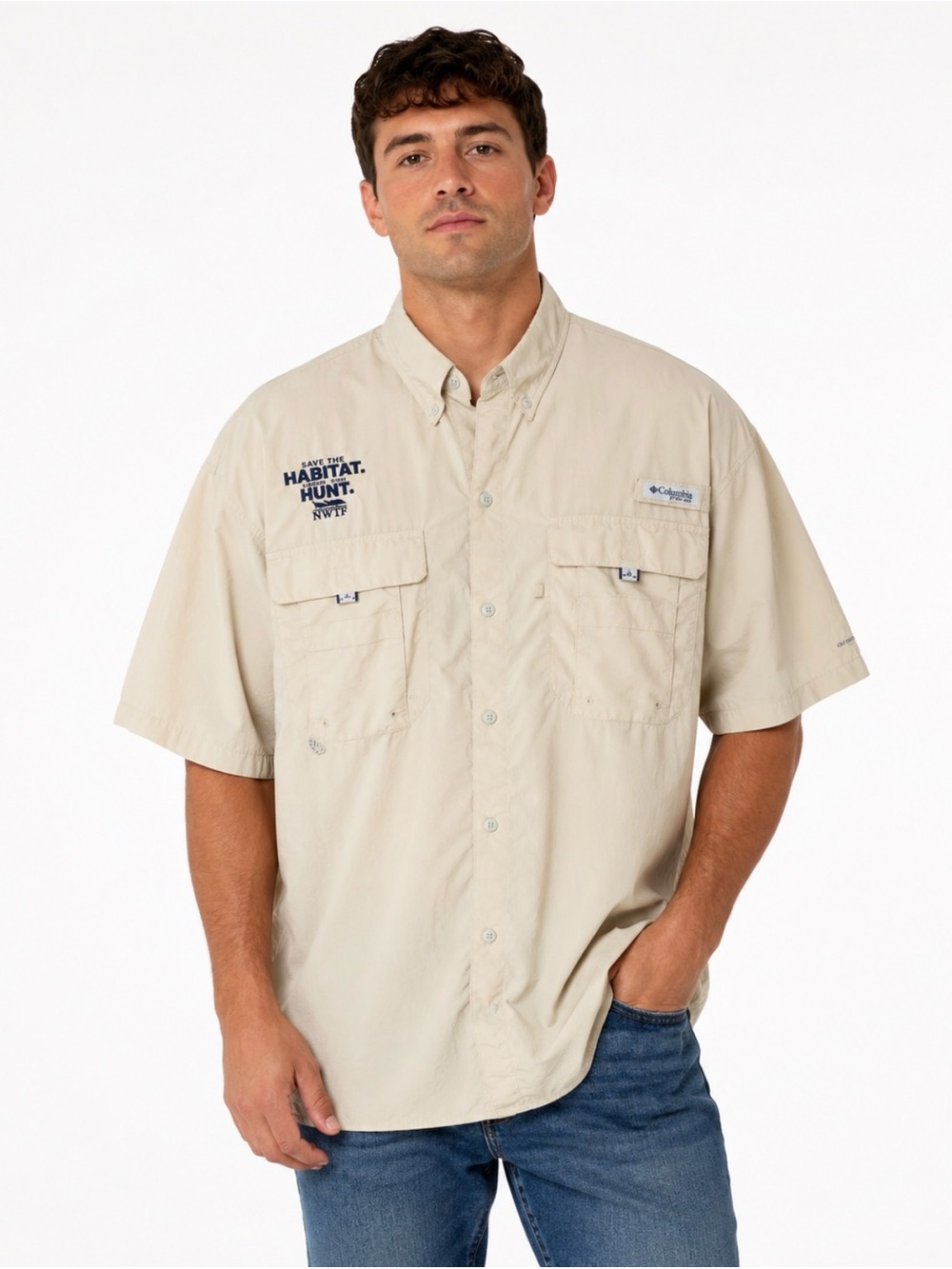 📌 Columbia PFG Omni-Shade NWTF Short Sleeve Fishing Shirt Beige XL